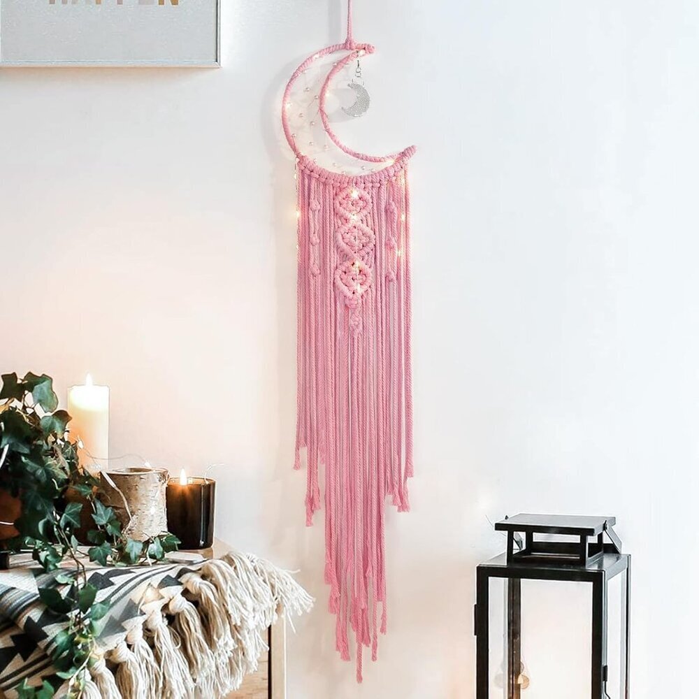 Macrame Moon Dream Catcher for Girl, Pink Boho Crescent Dreamcatcher for Bedroom